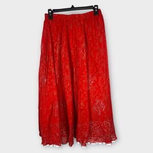 Elastic Waist Red Cotton Gold Silver Stamped Floral Midi Skirt Silver Trim Small